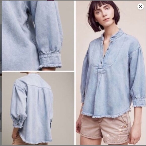 Anthropologie Holding Horses Denim Chambray Fray Edge Top Small - Picture 2 of 12